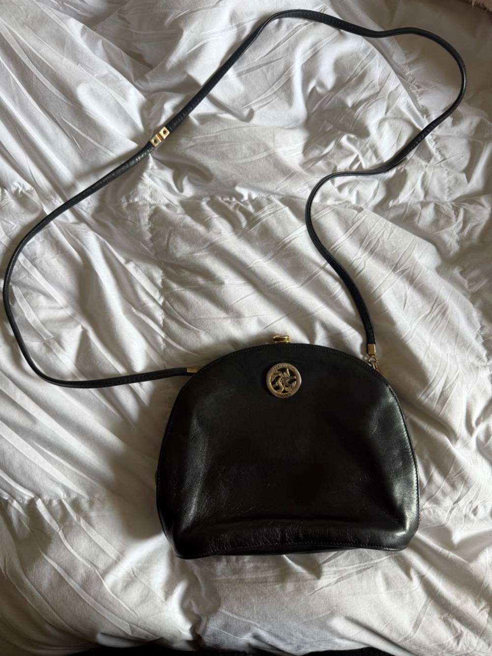 Jane Shilton vintage Black Leather Dome Crossbody with Gold Logo